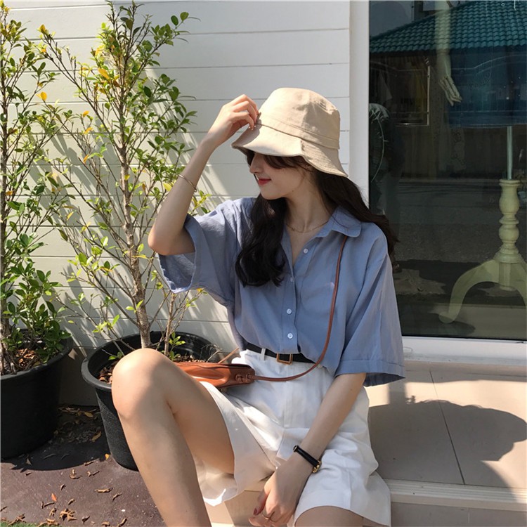 CCVN Áo Sơ Mi Tay Ngắn Màu Sắc Đơn Giản Thời Trang Dành Cho Nữ