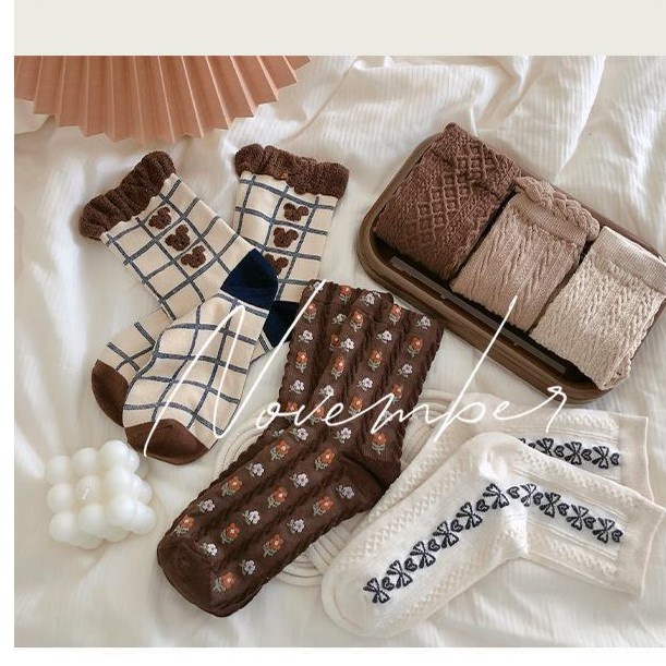 Set 4đ Tất Cổ Cao Nữ Dày Dặn, Vớ Cổ Ngắn Dễ Thương Vải Co Giãn Phong Cách Hàn Quốc