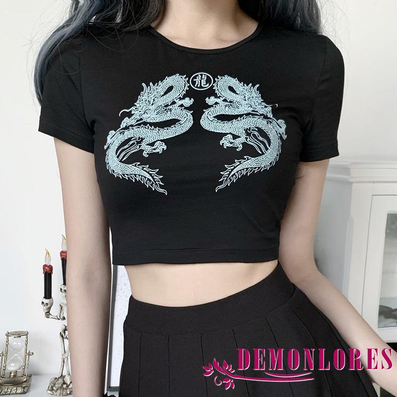 Áo croptop tay ngắn họa tiết rồng thời trang sành điệu cho nữ