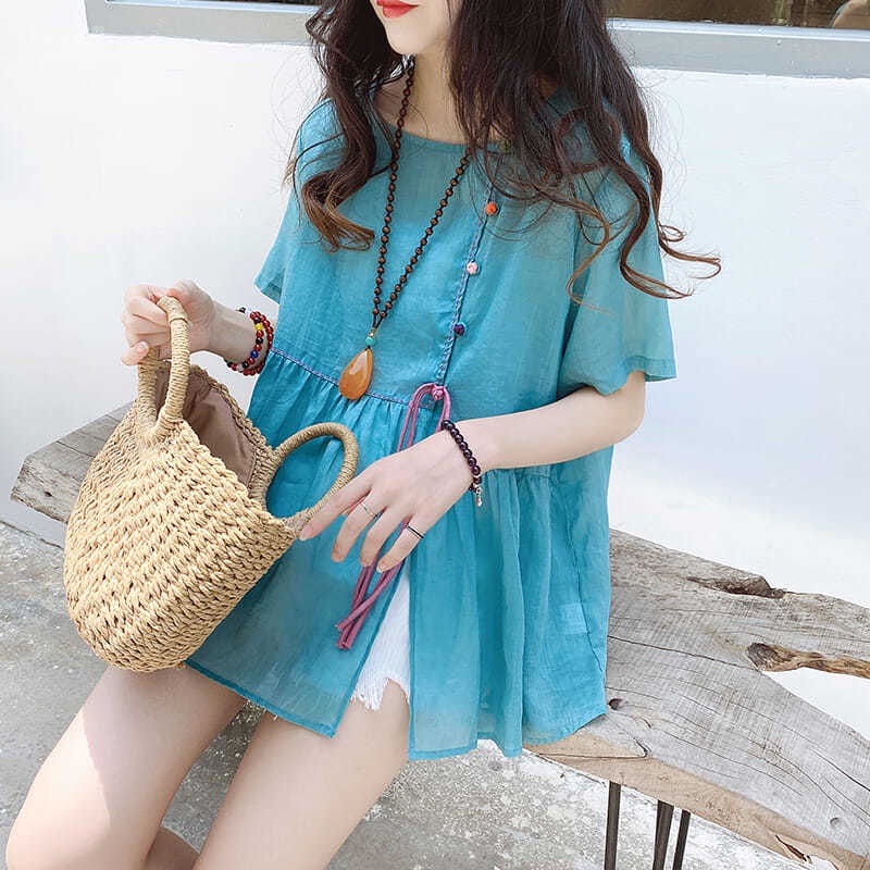 Áo Sơ Mi Cổ Tròn Dáng Rộng Mỏng Màu Sắc Ngọt Ngào Xẻ Tà Cài Khóa Phong Cách Phương Tây Cho Nữ