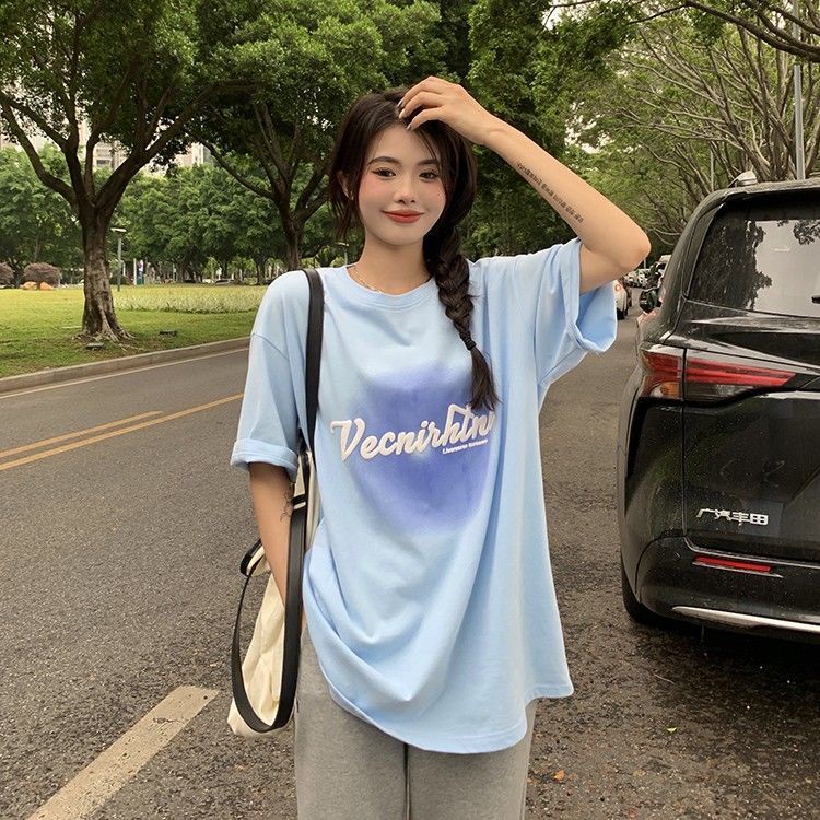 COZOK Áo Thun Tay Ngắn Dáng Rộng Màu gradient In Chữ Phong Cách Hàn Quốc