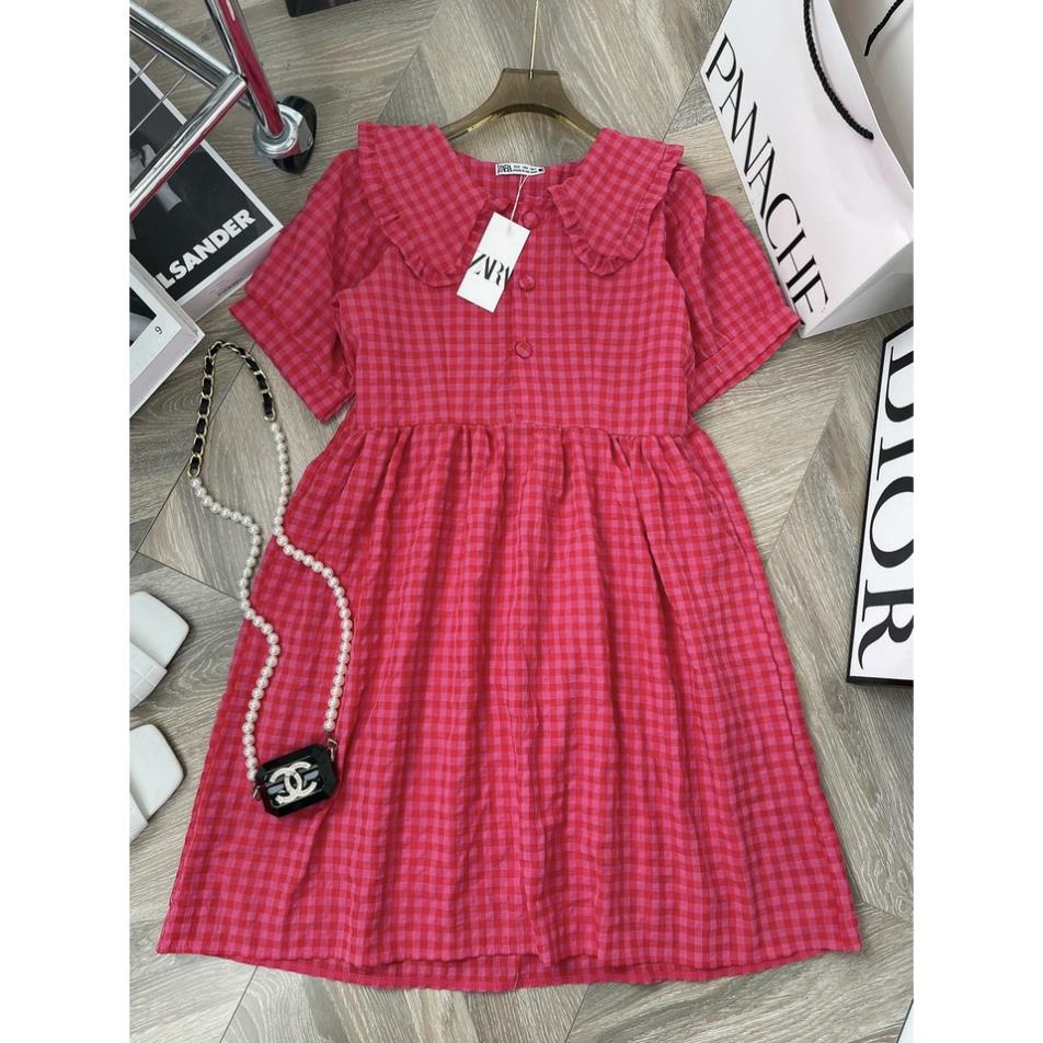 [ 𝐅𝐑𝐄𝐄 𝐒𝐇𝐈𝐏 ]   VÁY XỐP KẺ BÈO CÚC BỌC ĐEN DÁNG XÒE