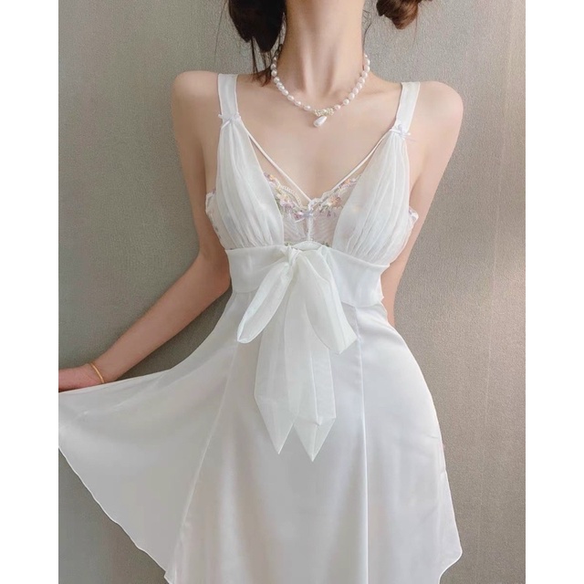 váy ngủ sexy lụa cao cấp Quảng Châu trắng phối ren 018