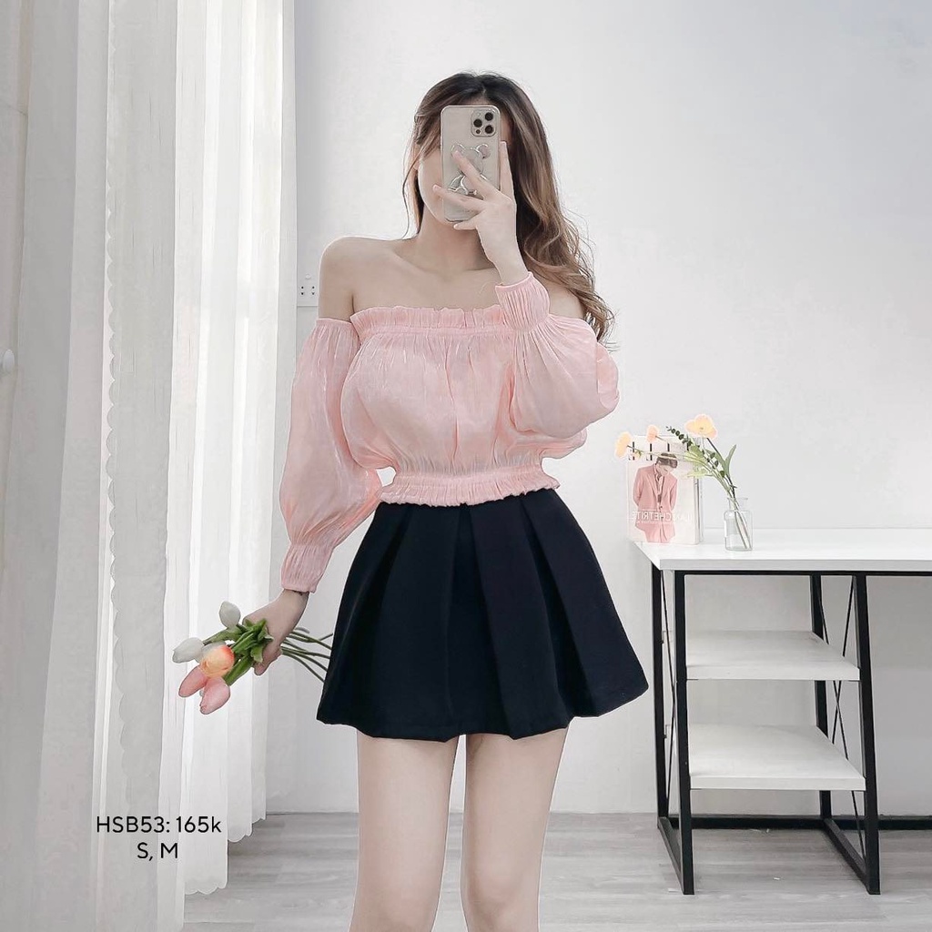 Set áo organza trễ vai phối chân váy xếp ly xòe CHIBEST HSB53