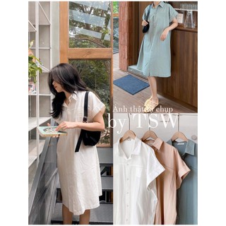 Váy sơ mi tay cộc vát chất thô, shirt dress