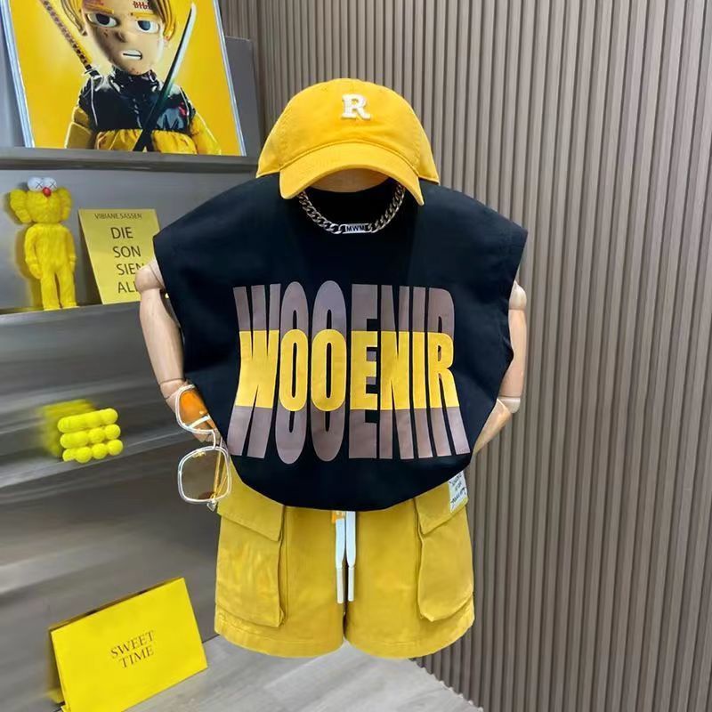 Set Áo Thun Sát Nách In Chữ Màu Sắc Phong Cách Phương Tây Thời Trang Mùa Hè Cho Bé Trai