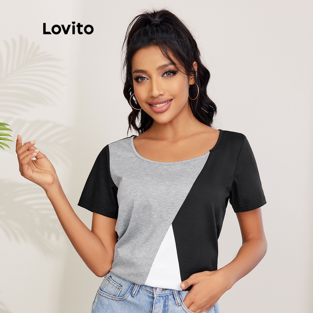 Áo thun Lovito tay ngắn ghép nối màu sắc phong cách thường ngày L27LD005 (màu xám)