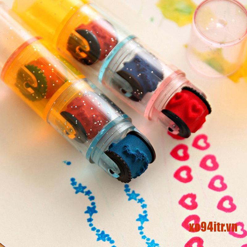 XOITR  Plastic Mini Ink Stamp Roller Diary Seal Fun Kids Toy Ink Pad Cartoon DIY