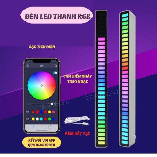 Đèn led, Thanh Đèn Led RGB Nháy Theo Nhạc 16 Triệu Màu Điều Khiển Bằng Cảm Biến Âm Thanh, Đèn Trang Trí Decor Phòng
