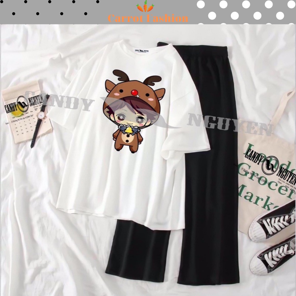 Hàng Loại 1: Set Đồ Nữ Đi Chơi Đi Học CARROT FASHION, Sét Đồ Bộ Nữ Cotton In Chipi Thỏ Mix Quần Thun Ống Rộng Hai Sọc