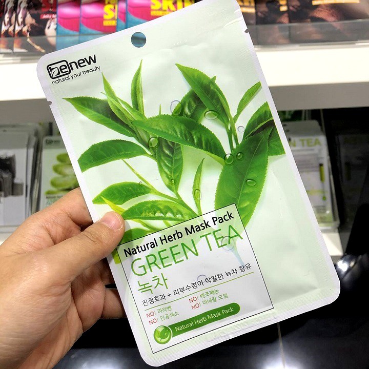 Mặt nạ trà xanh giảm mụn dưỡng trắng mờ thâm Benew Green Tea Natural Mask Pack 22g