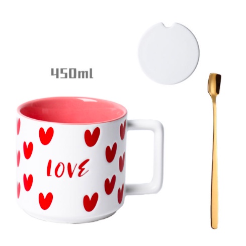 Cốc ly sứ cỡ lớn 450ml có nắp tặng kèm thìa, nhiều màu sắc, họa tiết trái tim xinh xắn dùng để pha cà phê, pha trà - Ráp