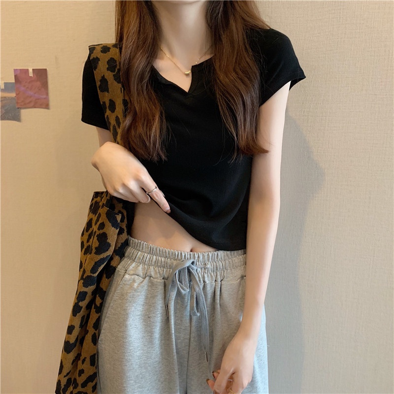 Áo Thun Croptop Tay Ngắn Màu Sắc Đơn Giản Phong Cách Hàn Quốc Cho Nữ