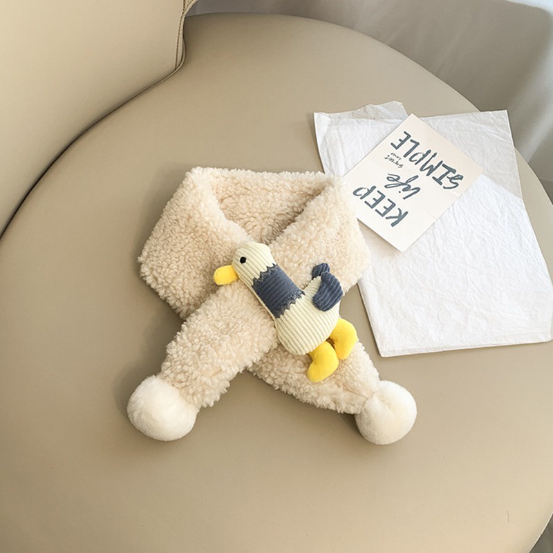 Khăn choàng cổ vải lông cừu giữ ấm họa tiết chú vịt hoạt hình đính bóng lông dễ thương thời trang mùa thu đông cho bé