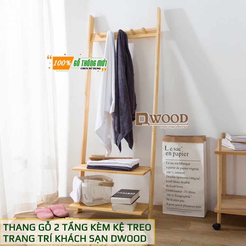 Kệ Thang Gỗ Thông Dựa Tường 2 Tầng Kết Hợp Móc Treo Dwood