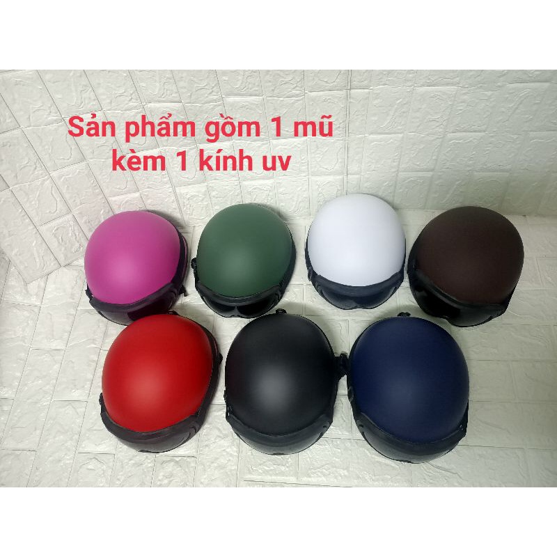 Mũ bảo hiểm 1/2 cao cấp + kèm kính UV đẹp, khóa vuông chắc chắn - màu trơn sơn nhám Freesize 55-61cm mẫu mới 2021