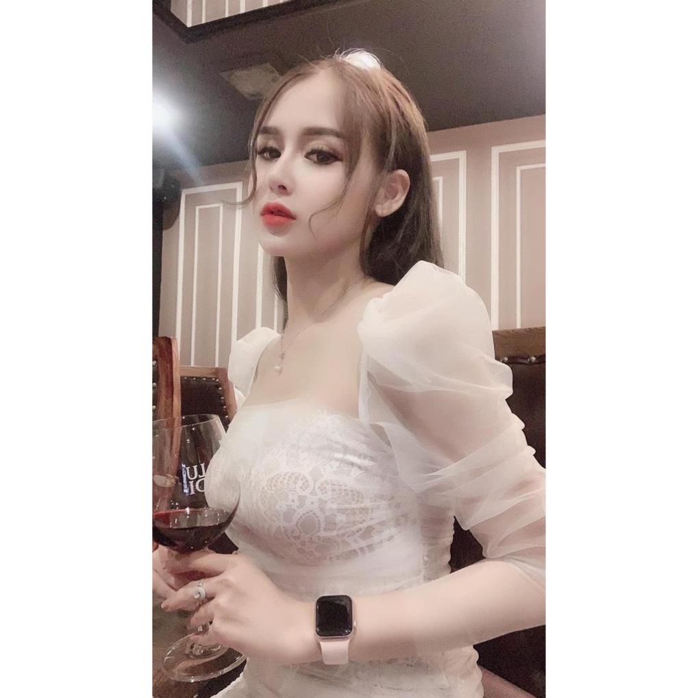 Đầm Dự Tiệc Trắng - Váy Ôm Body Cổ Vuông Phối Ren Tay Dài Cực Đẹp, 2 Màu Trắng Đen cực xinh