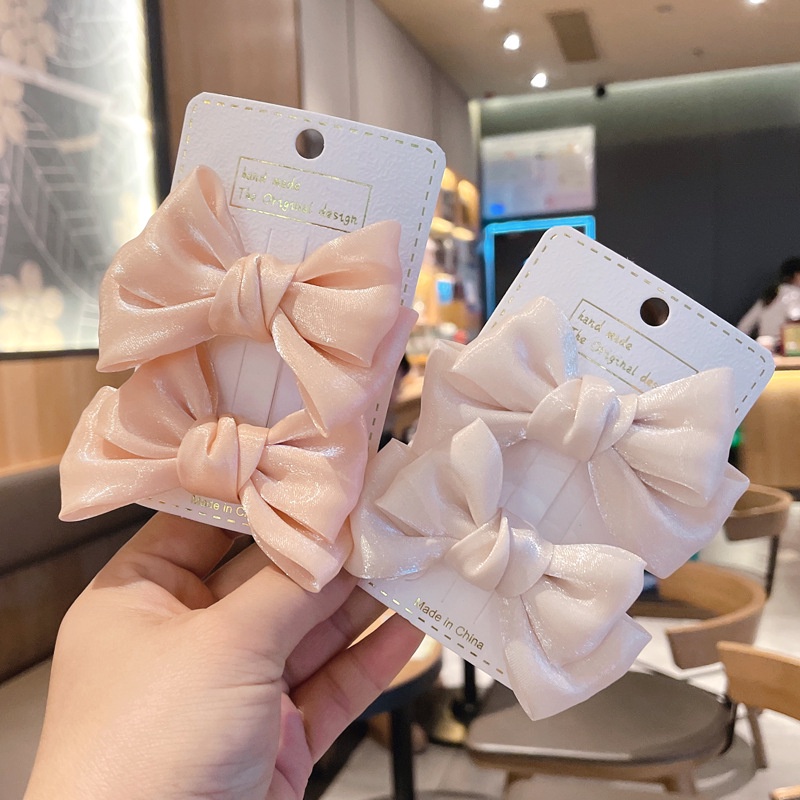 Bộ 2 Kẹp Tóc Nơ Vải Satin Trơn Màu Thời Trang Hàn Quốc Dành Cho Bé Gái