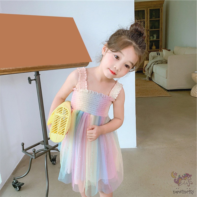 Đầm Xòe Công Chúa Hai Dây Màu Cầu Vồng Thời Trang Đáng Yêu Cho Bé