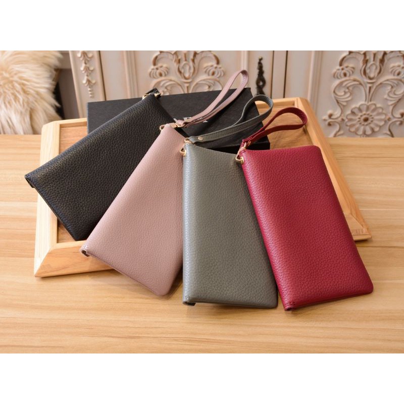 Ví cầm tay nữ da thật dáng dài khóa gập có quai xách tay Prada