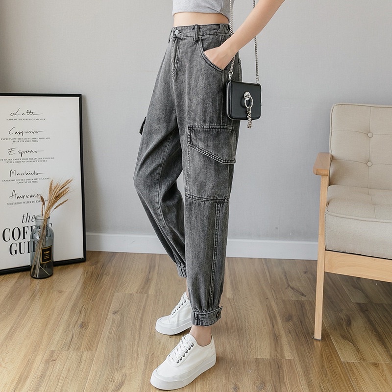 Quần Jeans Nữ, Quần Baggy Jeans Lưng Cao Túi Hộp Ống Bo Túm Jogger Cạp Cao Form Ulzzang Phong Cách Thời Trang
