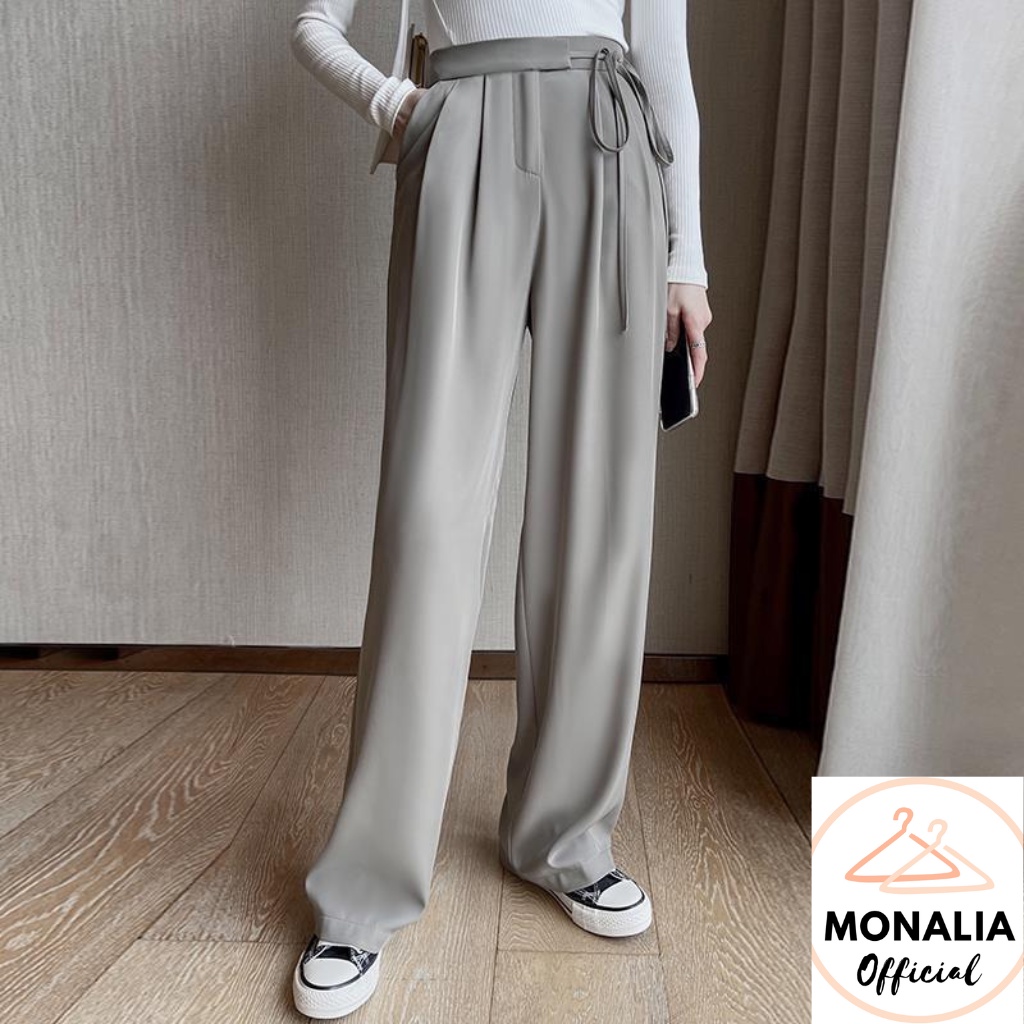 QUẦN ỐNG RỘNG MONALIA LƯNG CẠP CAO ỐNG SUÔNG VẢI NỮ DÀI CULOTTES XUÔNG MÀU ĐEN XÁM NÂU