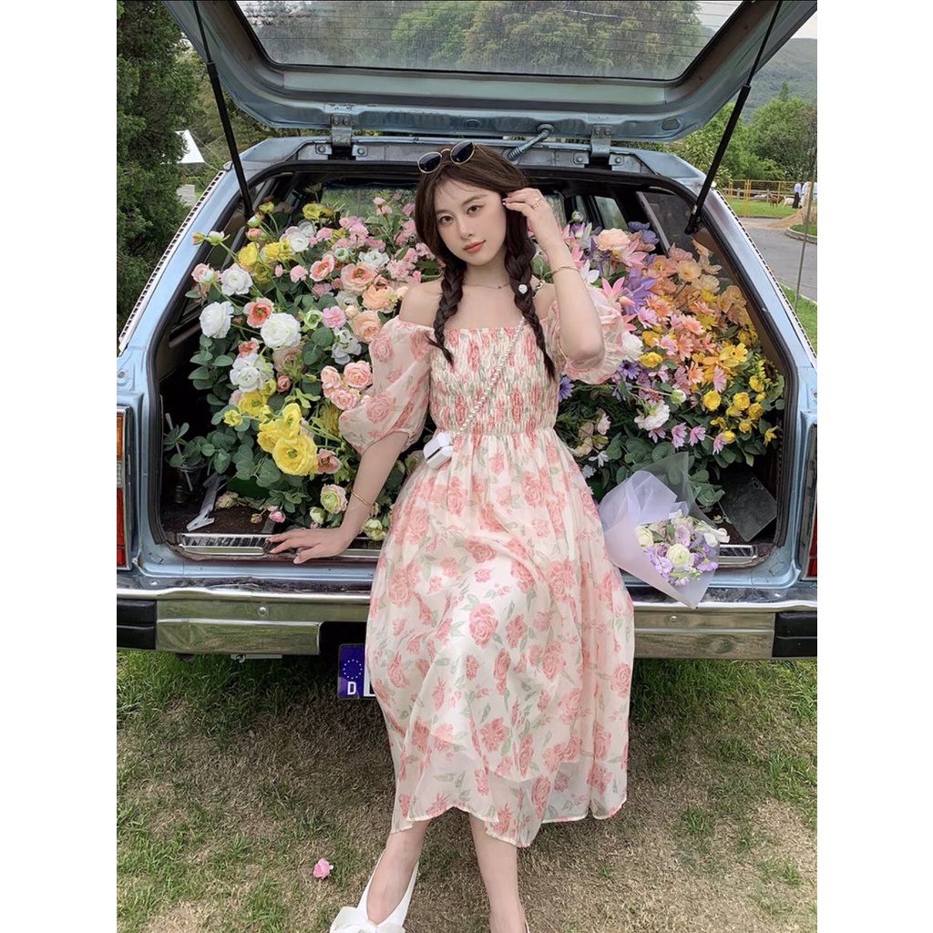 Đầm - Váy hoa hồng voan lụa 2 lớp chun ngực tay bồng ulzzang
