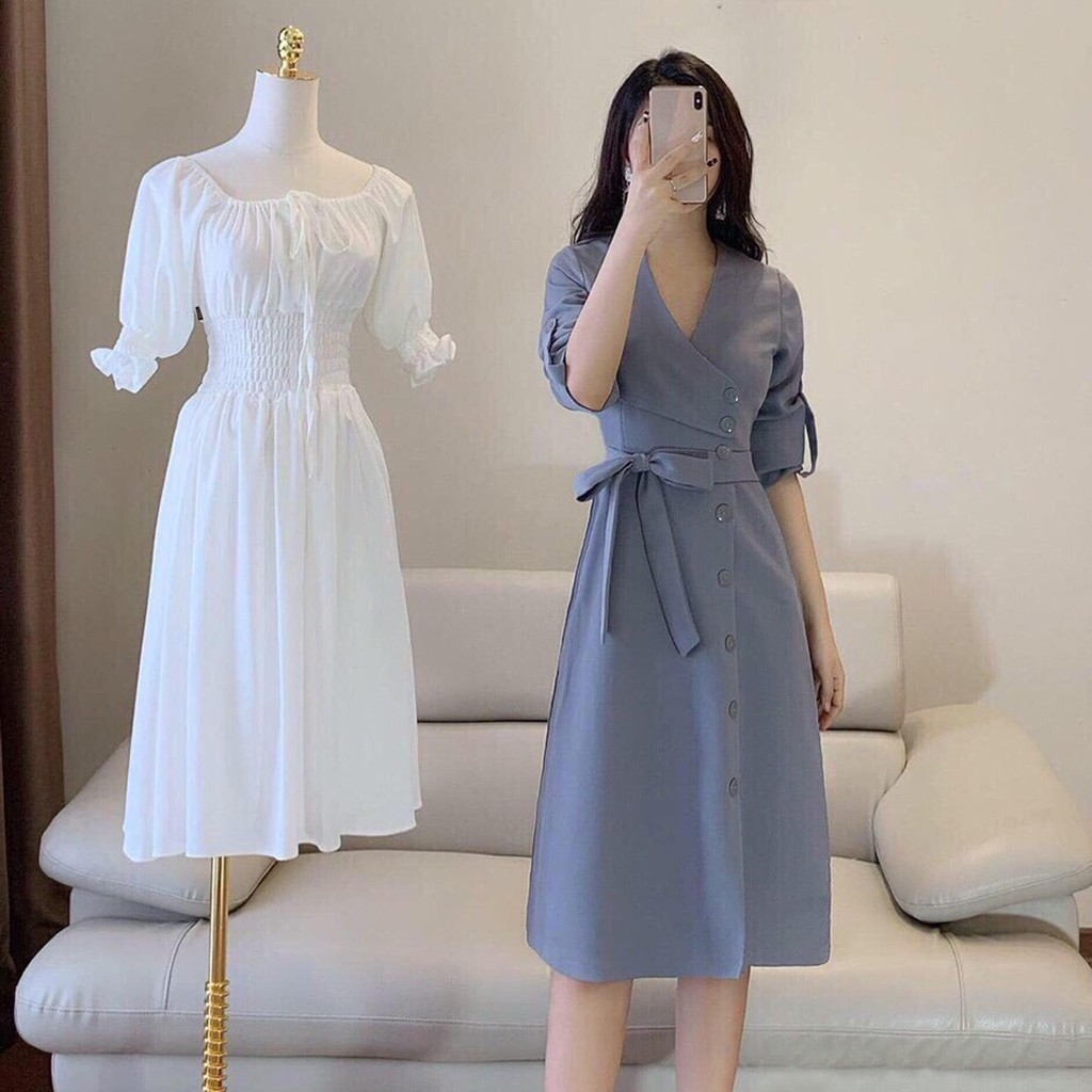 Đầm Nữ Dáng Xòe Đính Nút Dài Tay Thắt Nơ Lưng Vải Umi Free Size VNJ351 | BigBuy360 - bigbuy360.vn