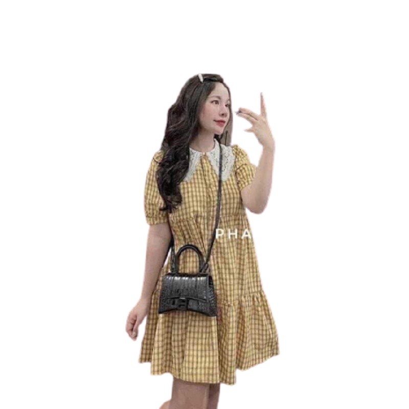 Váy kẻ caro vàng dáng dài cổ ren XHN23