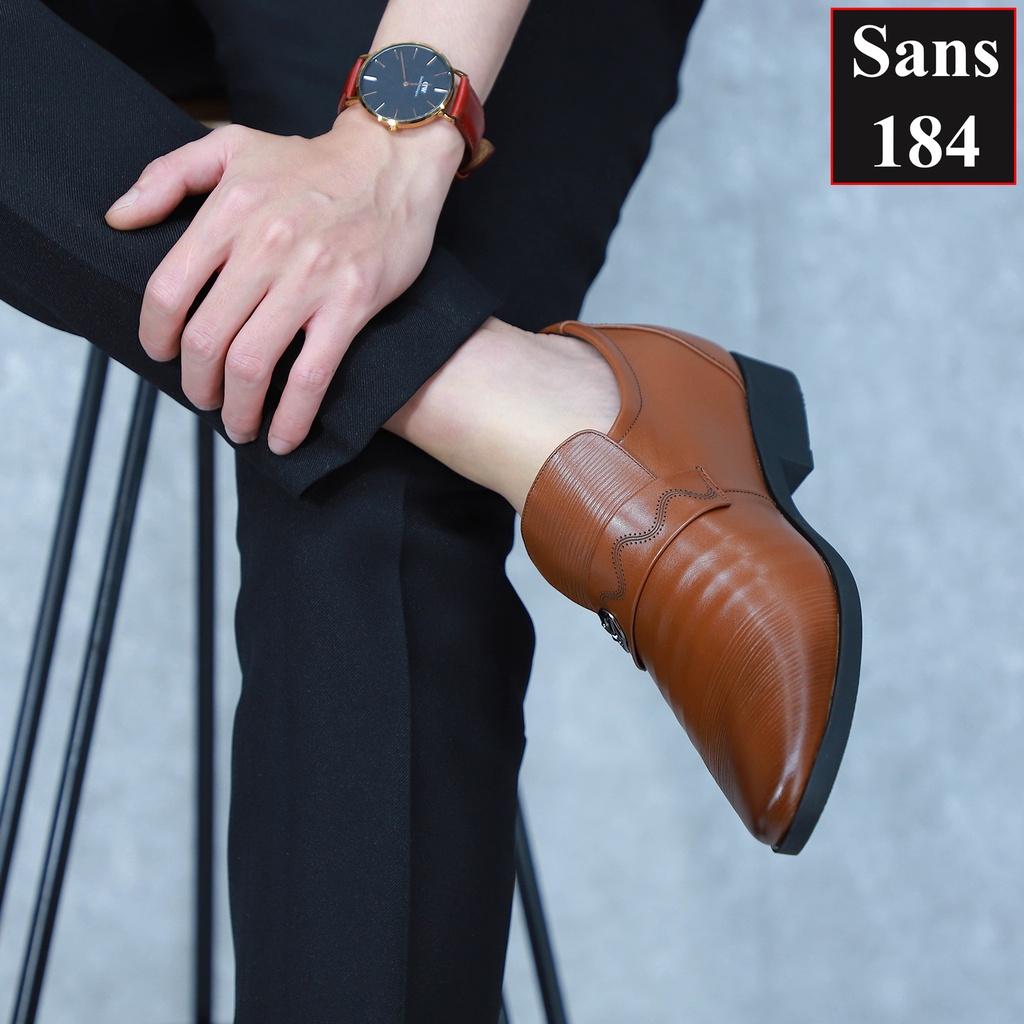 Giầy tăng chiều cao nam 7cm da bò thật Sans184 giày tây độn đế dày lười đẹp âu nâng gót màu đen nâu không dây cao cấp