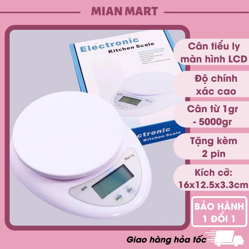 Cân tiểu ly điện tử nhà bếp cao cấp định lượng 1g - 5kg, cân tiểu ly làm bánh độ chính xác cao kèm 2 viên pin AAA