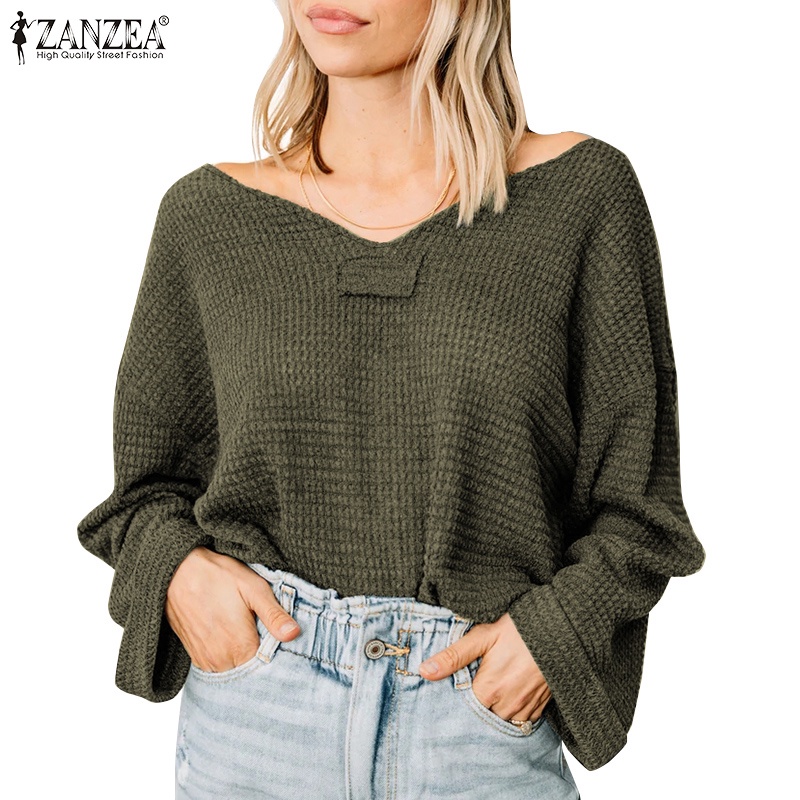 Áo dệt kim Zanzea tay dài cổ chữ V màu trơn thời trang dành cho nữ