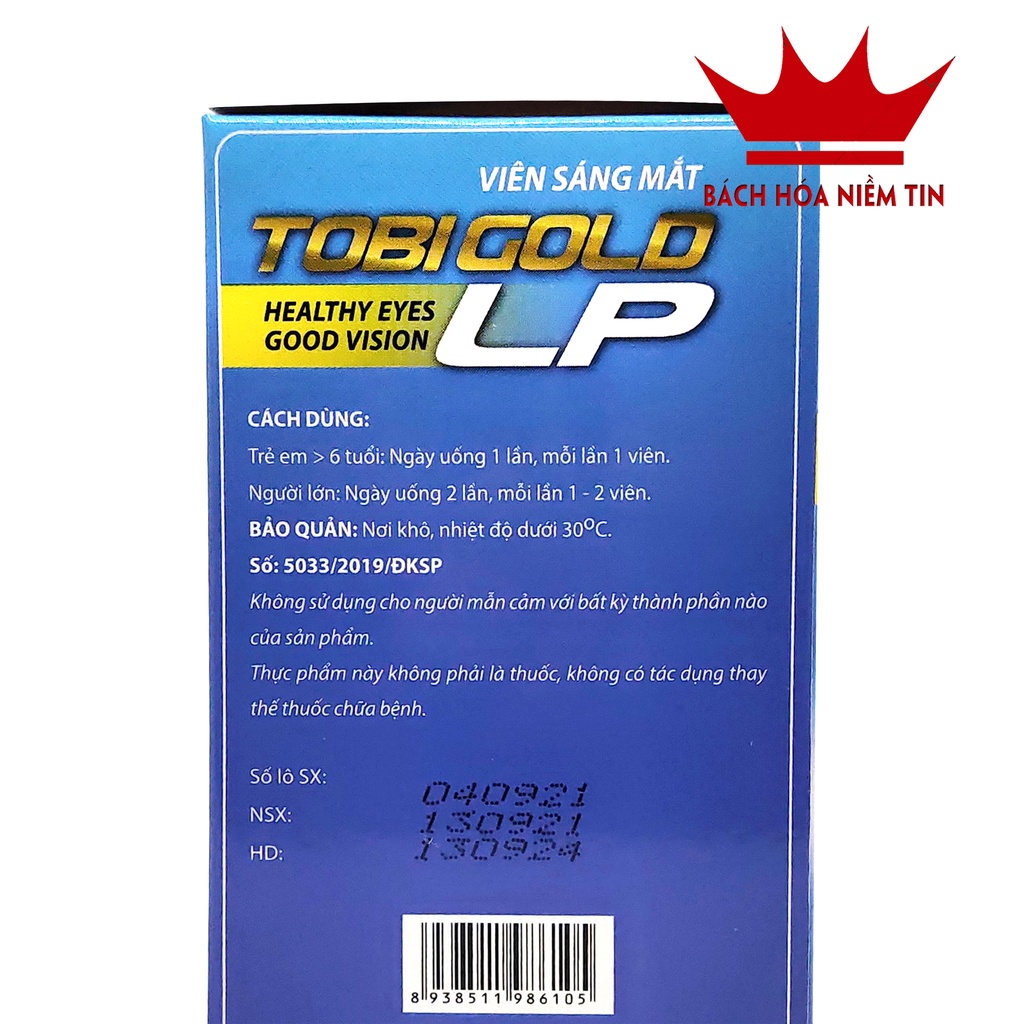 Viên uống Sáng Mắt TOBI GOLD LP - tăng cường thị lực, giảm nguy cơ đục thủy tinh thể thoái hóa điểm vàng - Hộp 60 viên
