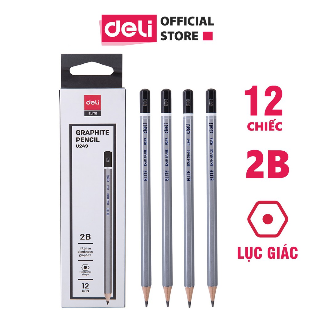 Hộp 12 bút chì 2B cao cấp Deli- thân lục giác dễ cầm nắm chì graphite phù hợp dùng khi làm bài kiểm tra qua máy chấm thi