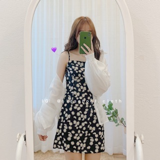 ĐẦM VOAN HOA CÚC ĐEN (ảnh thật/sẵn)