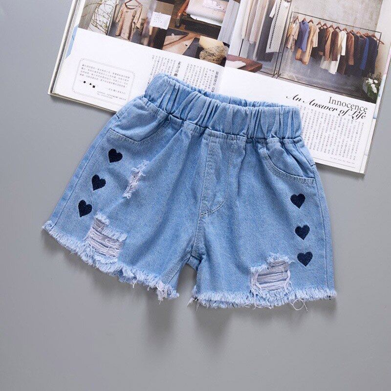 Quần Short Denim Lưng Thun In Hình Trái Tim Cho Bé Gái 5-12 Tuổi