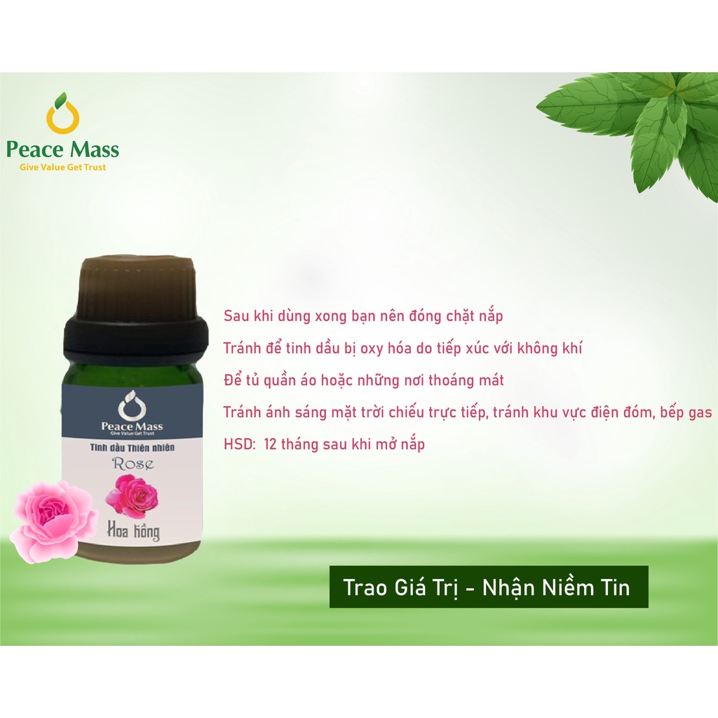 [Mã BMBAU50 giảm 10% đơn 99k] [FREESHIP] [Quà 14/2] Tinh Dầu Hoa Hồng Peace Mass 10ml Dùng Cho Máy - Rose