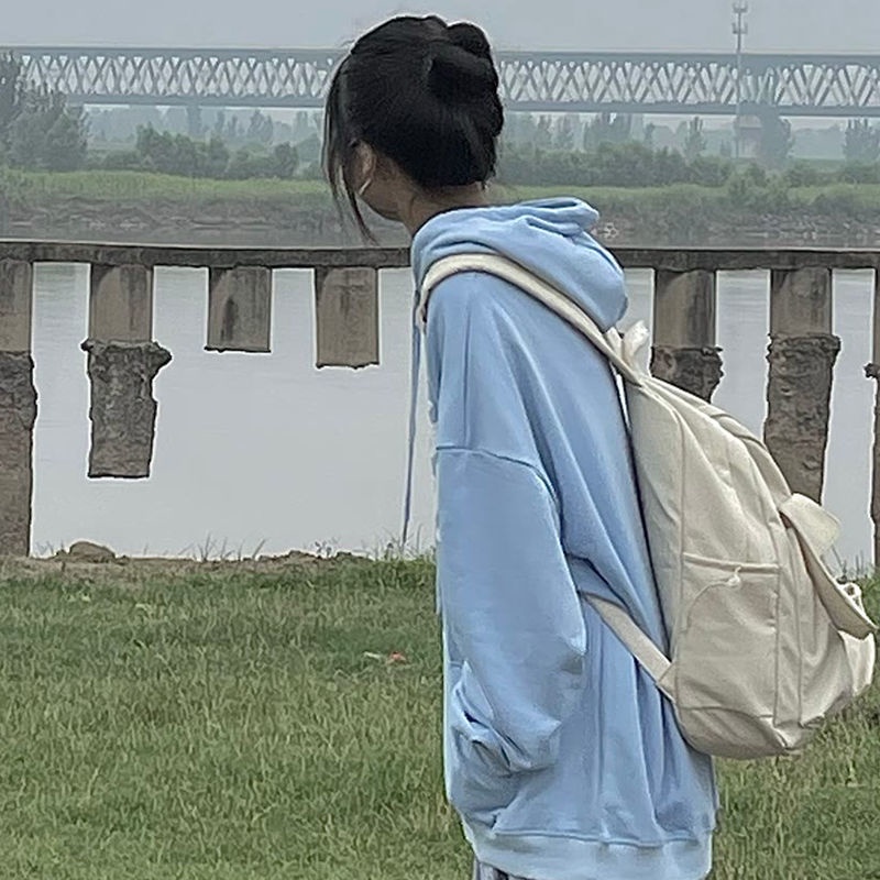 Áo hoodie mỏng dáng rộng màu xanh dương in chữ phong cách Hàn Quốc thời trang mùa thu năm 2021 cho nữ