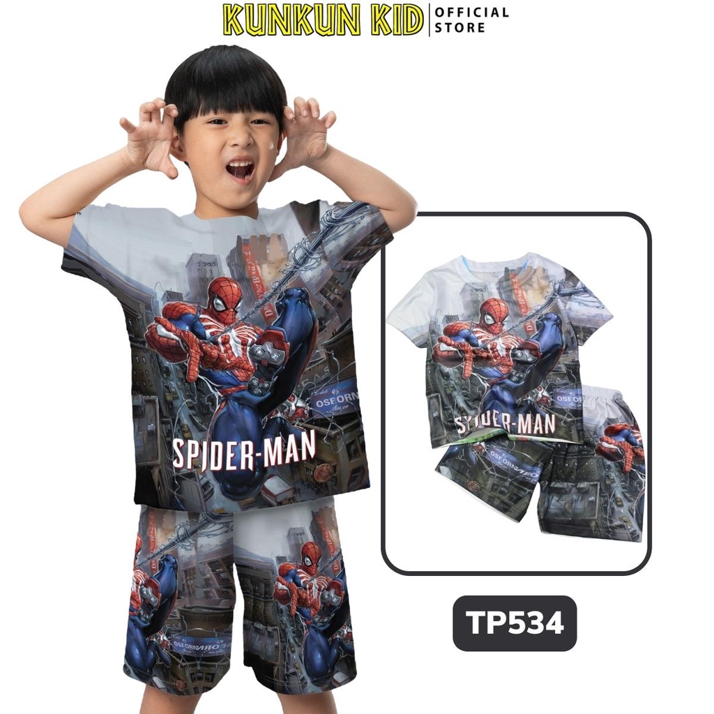 Quần áo bé trai Thun lạnh hình người nhện Spiderman xám size đại từ 10kg-40kg Kunkun Kid TP534