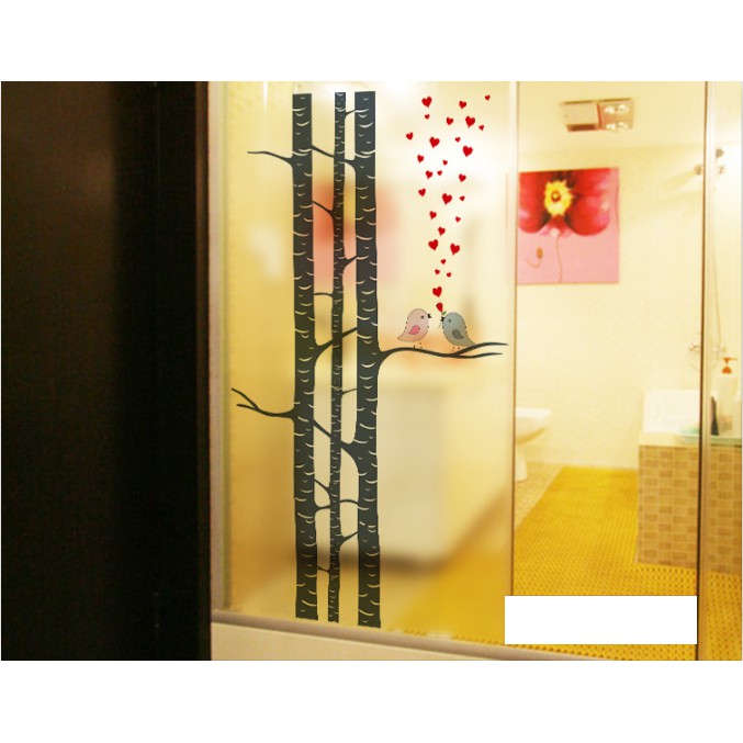 Decal Dán Kính Cao Cấp - Thân Cây và Đôi Chim Trái Tim Đỏ ( 60x116 )