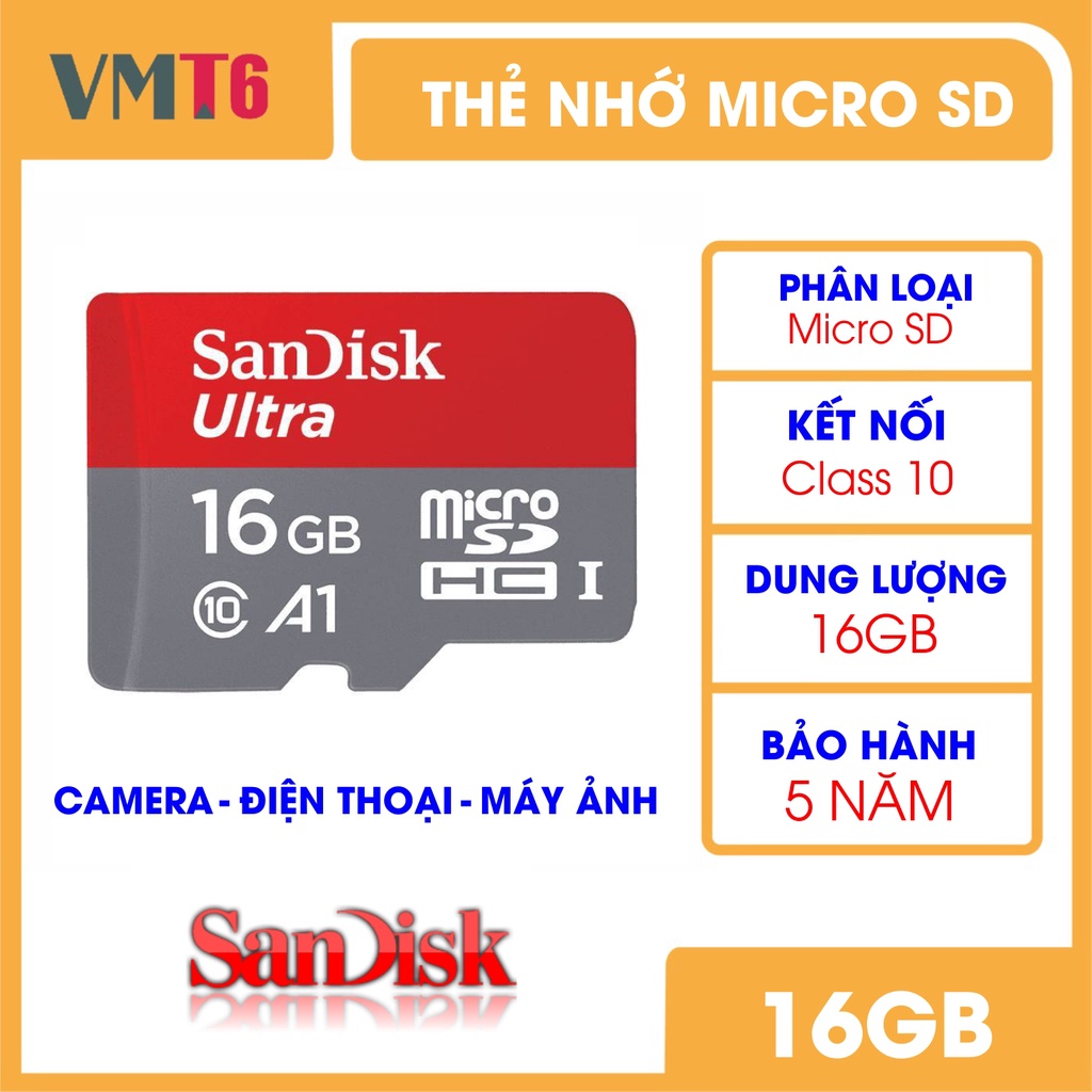 Thẻ Nhớ 16GB MicroSDHC SanDisk Upto 80MB/S - Cam kết hàng chất lượng - Bảo hành 5 năm !