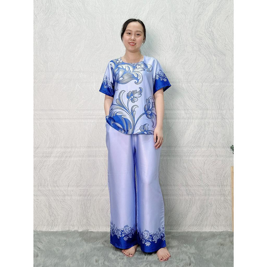 Đồ bộ mặc nhà lụa Tơ Tầm tay ngắn, quần ống rộng, đồ mặc nhà trung niên size lớn từ 50 - 75 kg N12
