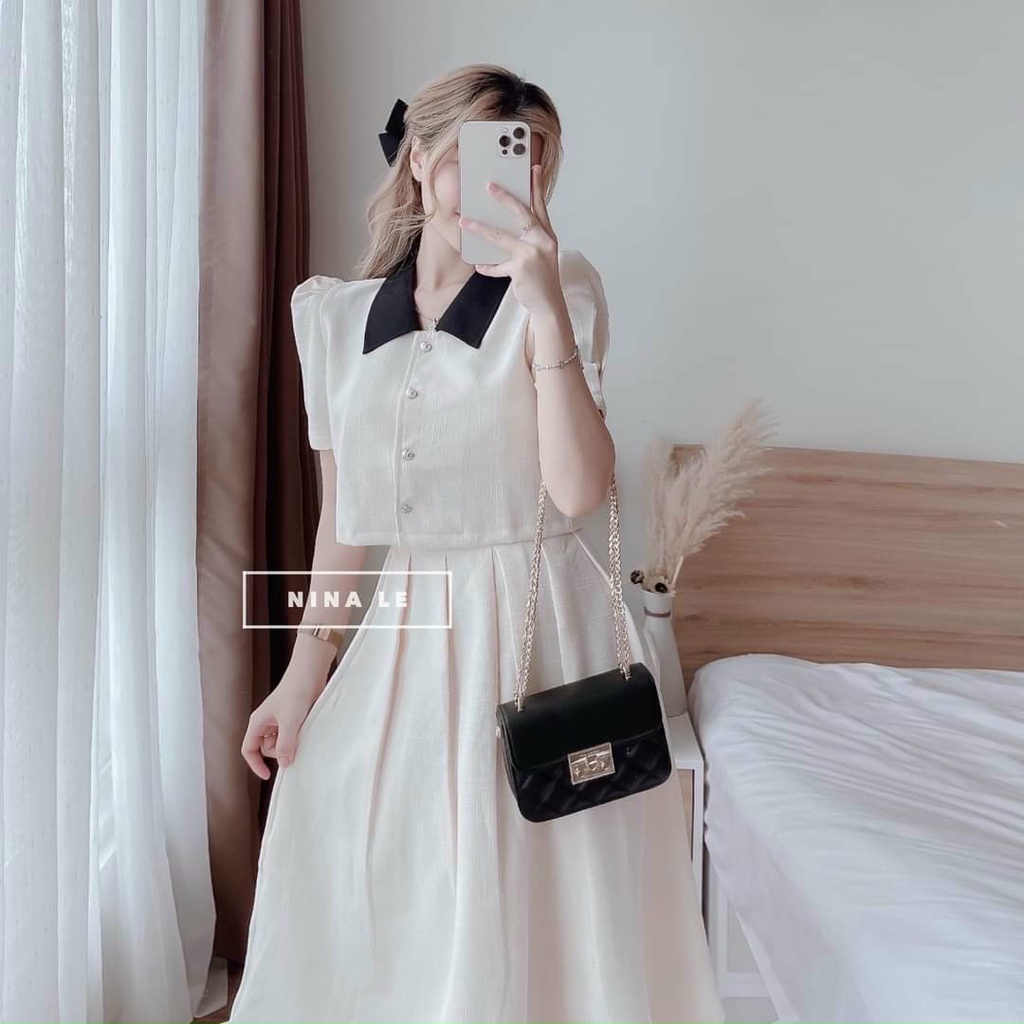 Set bộ đi chơi nữ set áo cổ đen cài nút thật kèm chân váy xòe dài xếp ly siêu xinh và dễ thương thời trang Bella