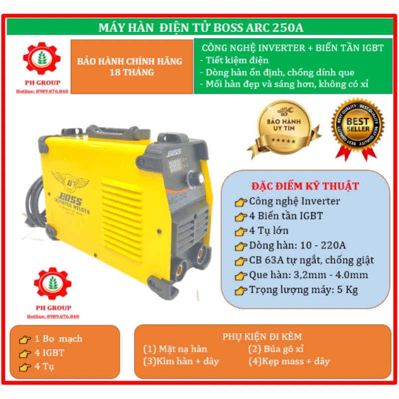 Máy hàn điện tử BOSS ARC 250A | Công suất 250A | Sử dụng que hàn 3,2 - 4.0 ly | Công nghệ Nhật Bản | Máy hàn que