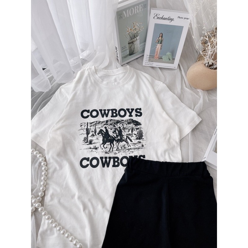 Set áo thun trắng COWBOYS kèm quần legging ngố đen