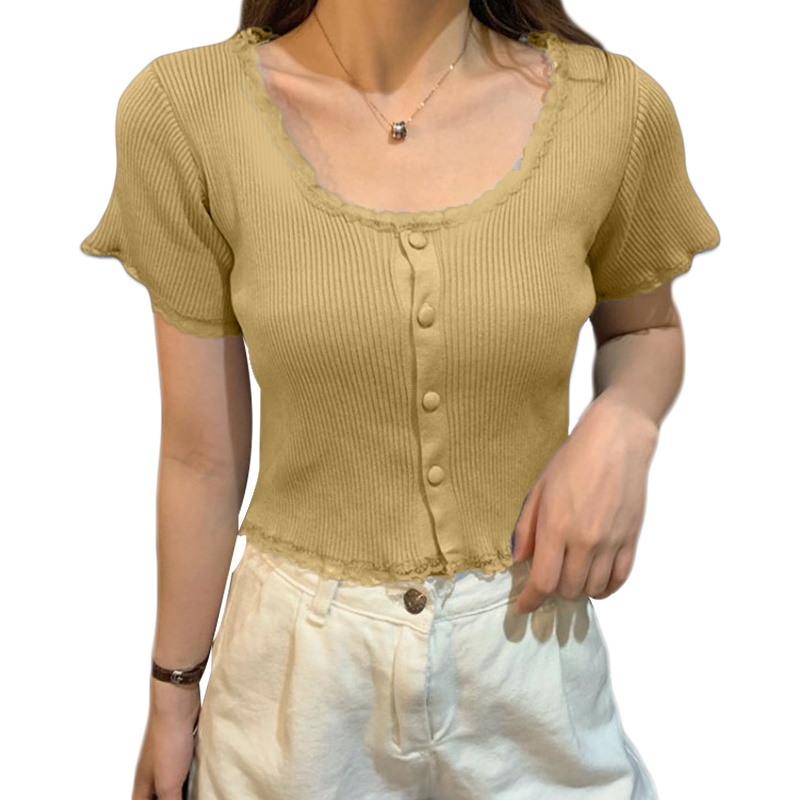Áo Khoác Cardigan Ngắn Tay Cổ Vuông Cài Nút Phối Ren Thời Trang Cho Nữ