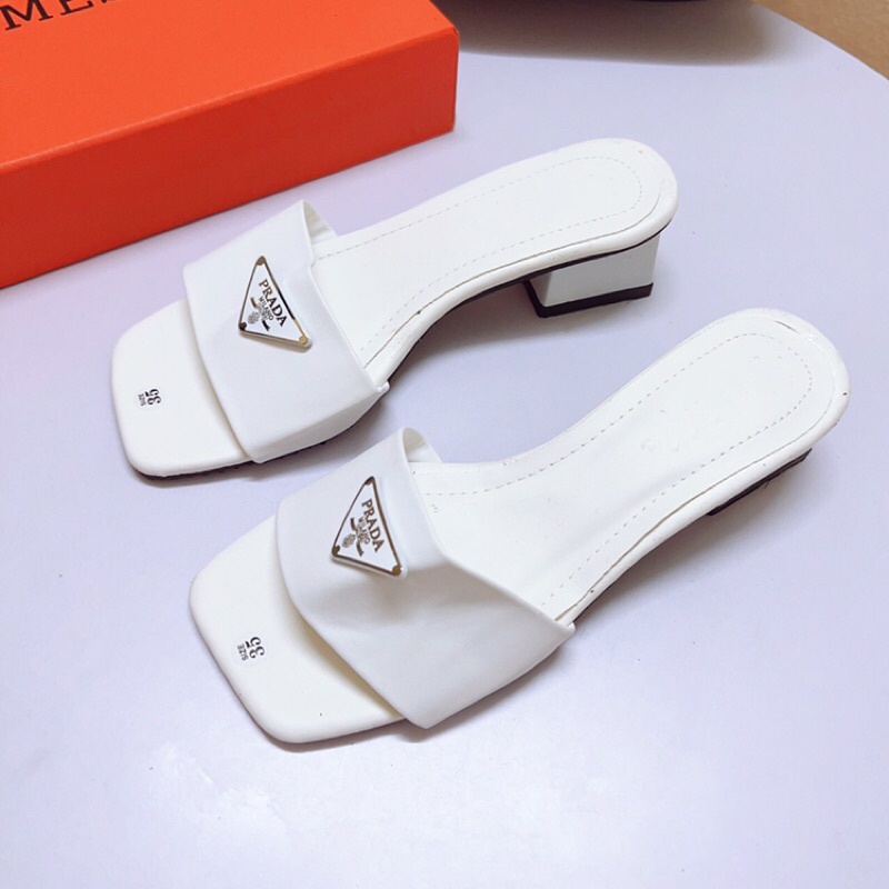 BÁN SỈ Dép cao gót quai bản tag Prad da lì gót vuông 4p-Ảnh thật