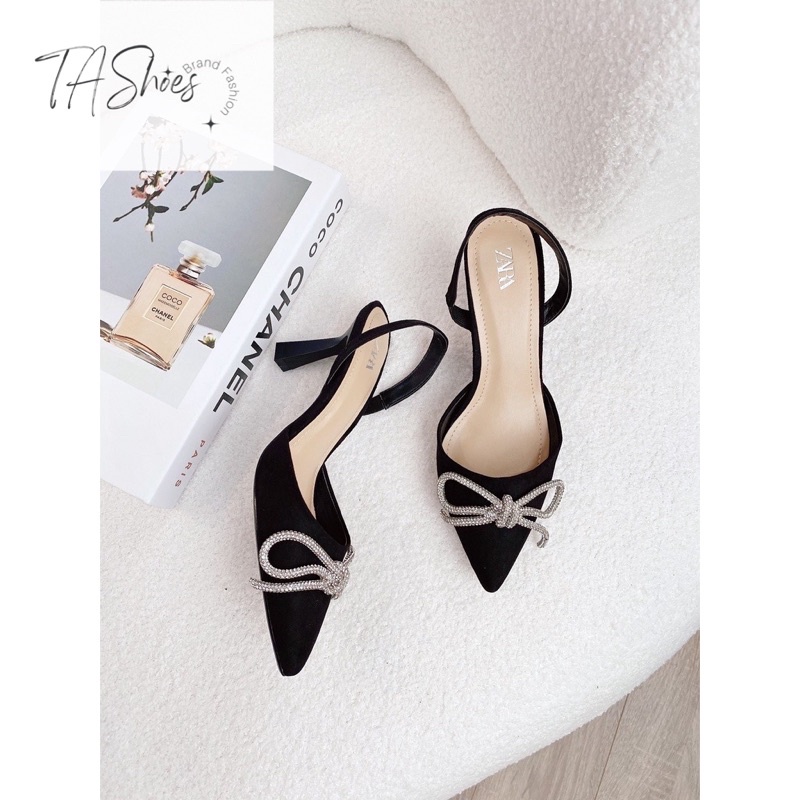 Giày tiểu thư nơ đá cao gót kín mũi 5p slingback sang chảnh đi đám cưới hay tiệc, làm, chơi đều xinh ngất ngây