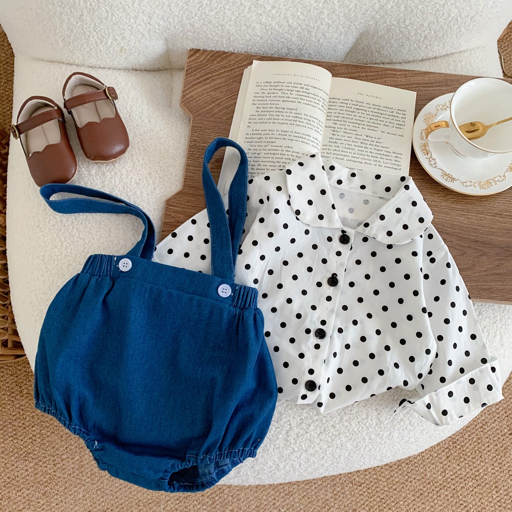 Bộ Áo Sơ Mi Chấm Bi Tay Dài + Quần Yếm Ngắn Dễ Thương Thời Trang Xuân Thu Cho Bé Gái