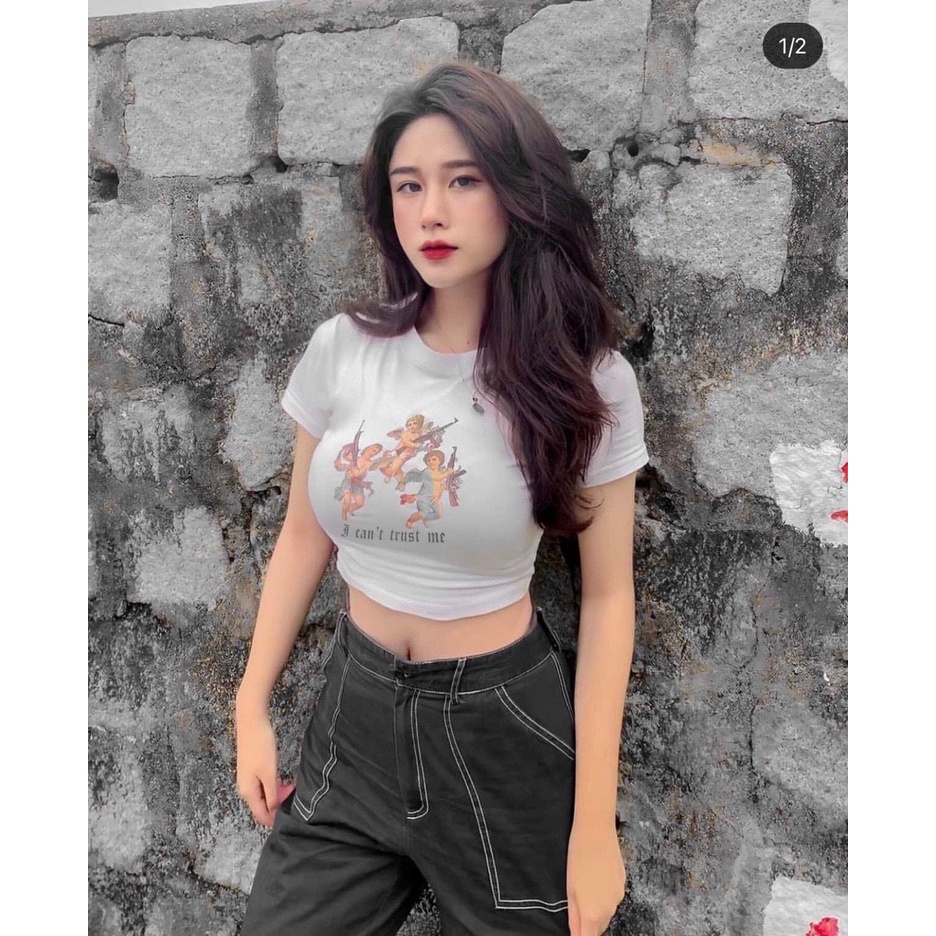 Áo kiểu croptop in hình 3 thiên thần cực xinh , chất thun lạnh mềm mịn